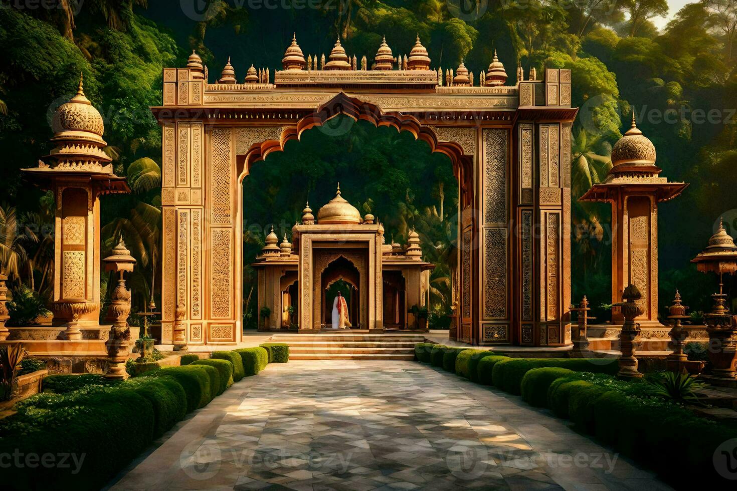 the entrance to a garden with a stone archway. AI-Generated photo