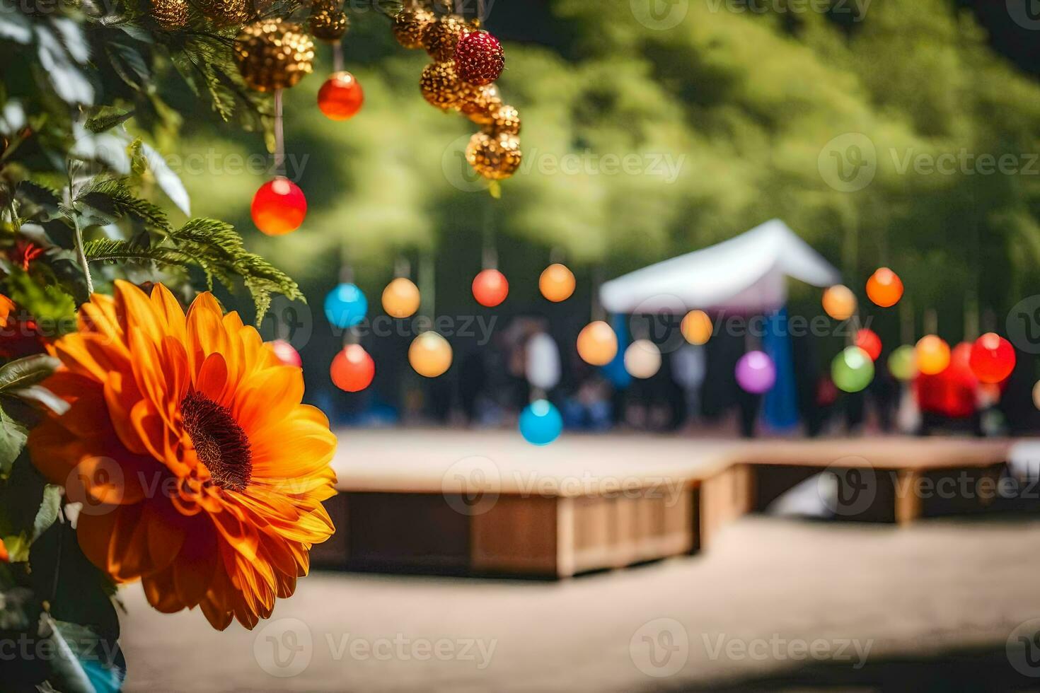 a flower and a bunch of balloons hanging from a tree. AI-Generated photo