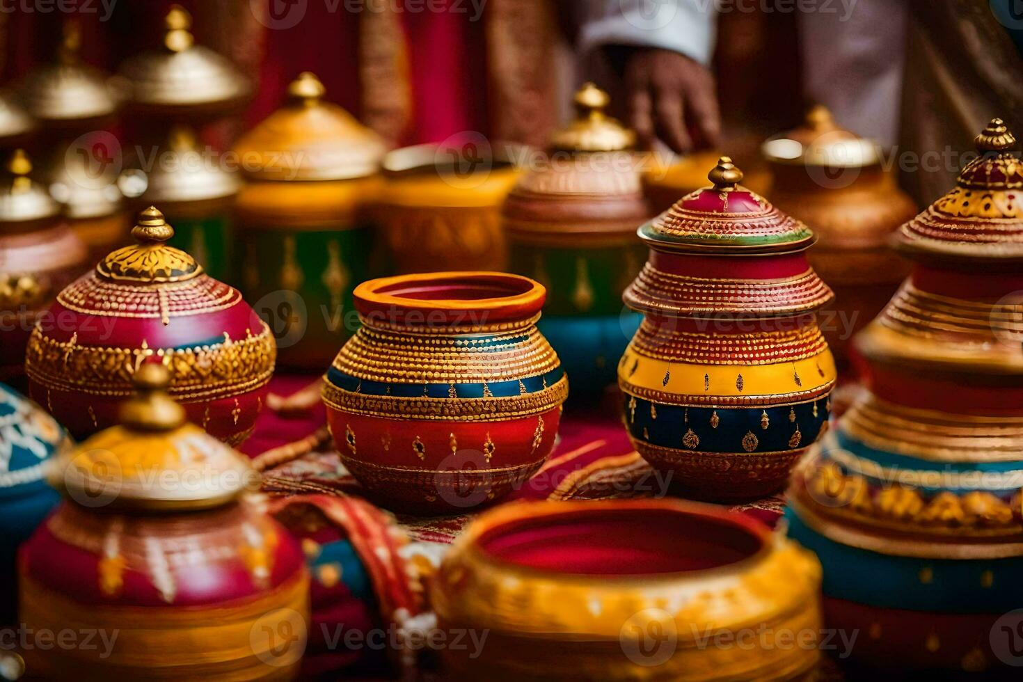colorful pots and bowls on display at a wedding. AI-Generated photo