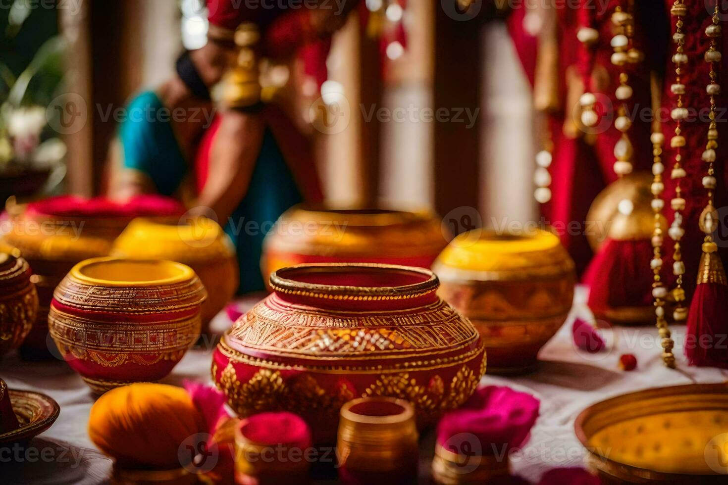 indian wedding decor with colorful pots and bowls. AI-Generated photo