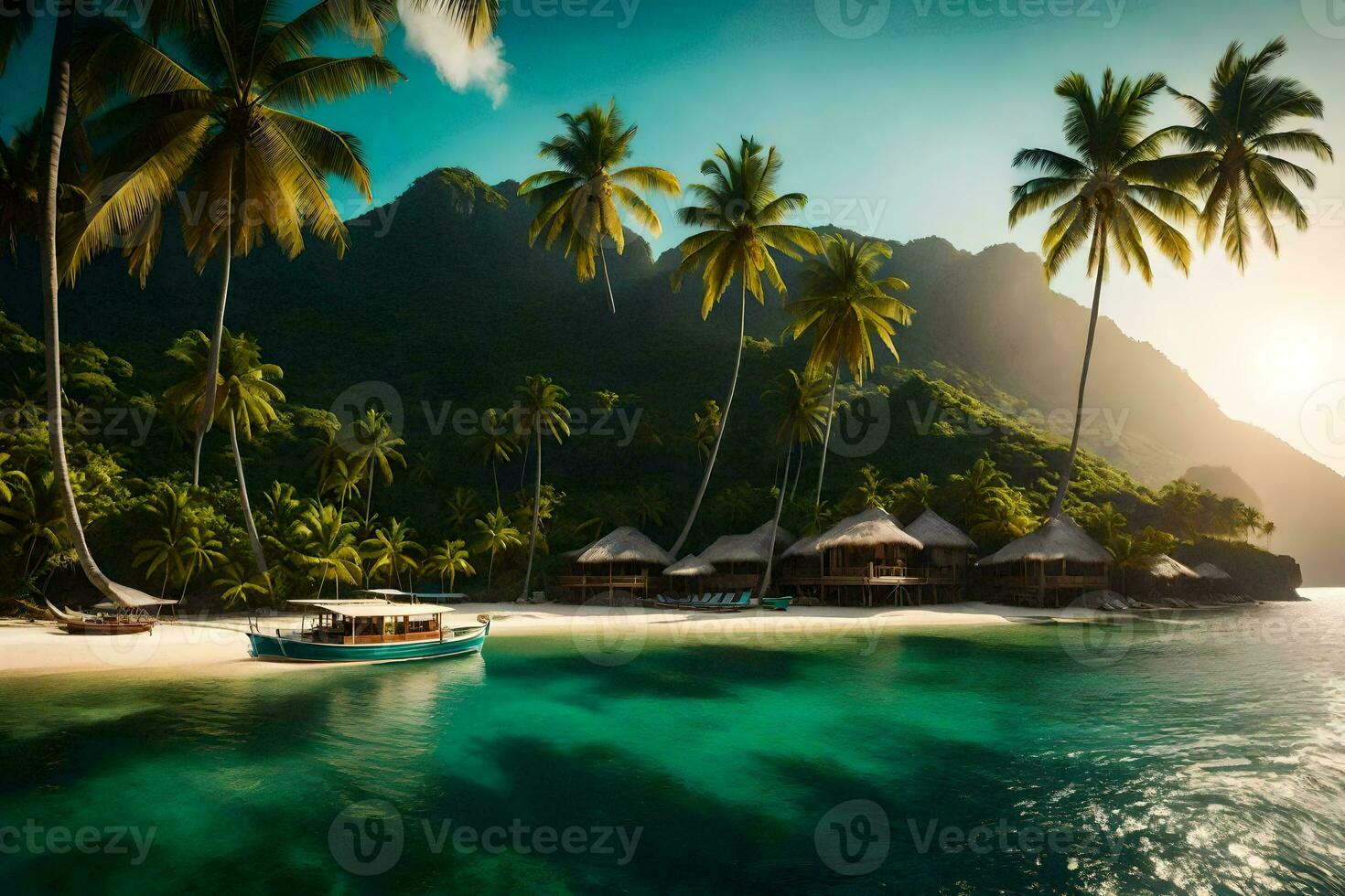 a tropical island with palm trees and a boat. AI-Generated photo