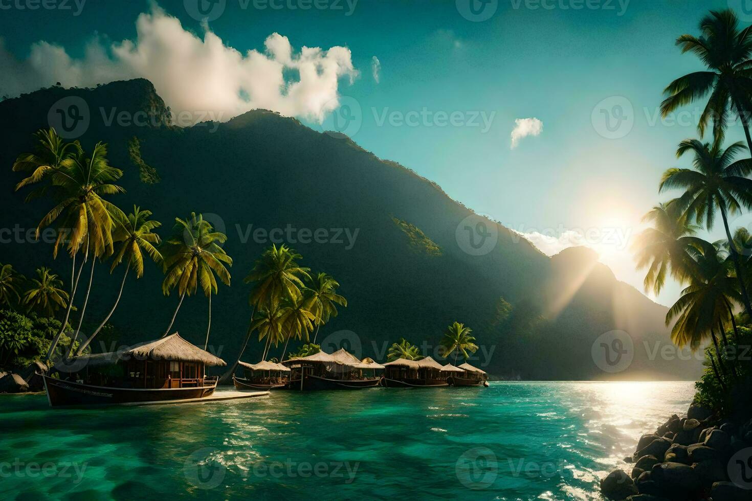 the sun shines over a tropical island with palm trees. AI-Generated photo
