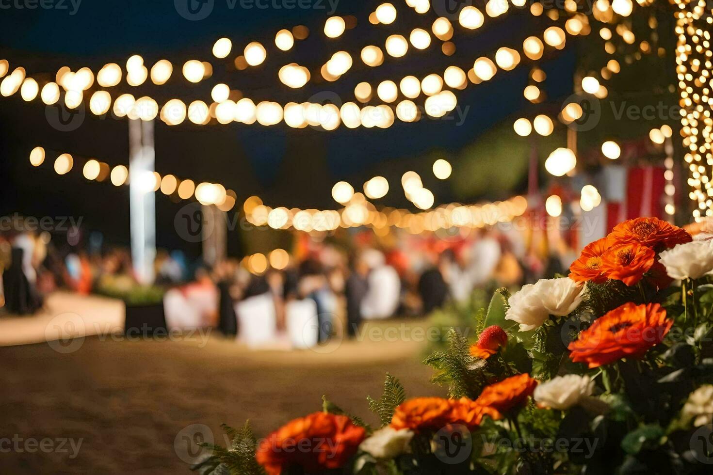 a wedding reception with lights and flowers. AI-Generated photo