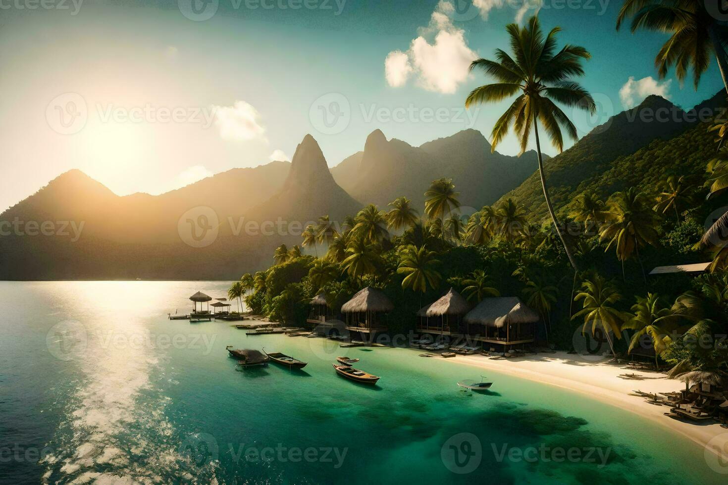 a tropical island with palm trees and boats. AI-Generated photo