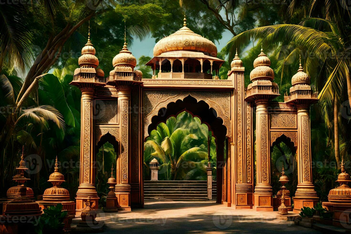 an ornate gate in the middle of a tropical park. AI-Generated photo