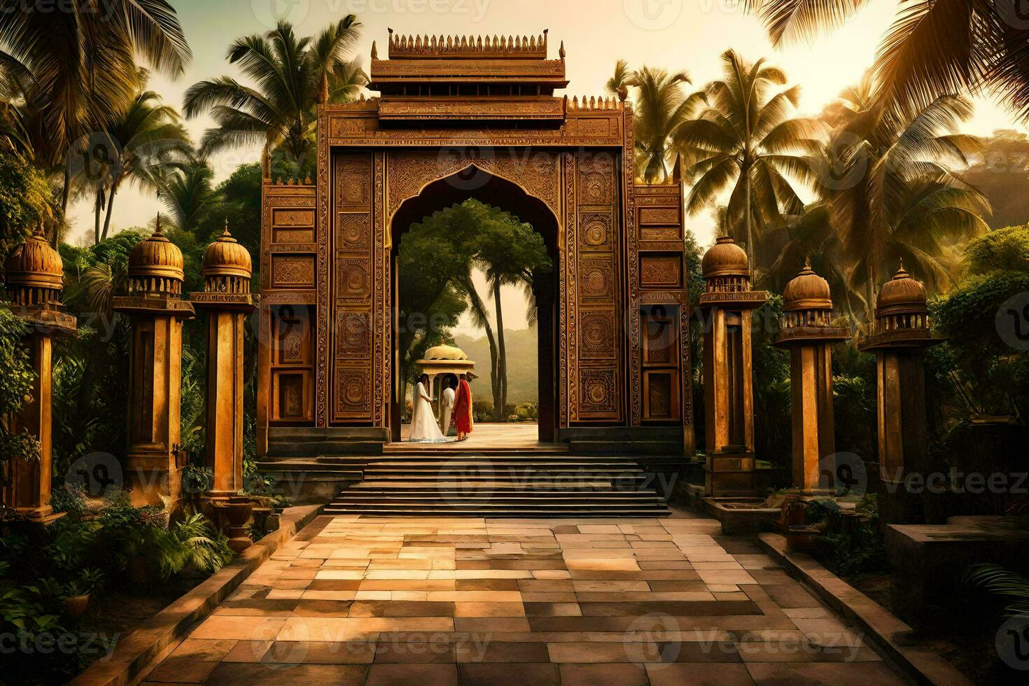 an archway in the middle of a tropical garden. AI-Generated photo