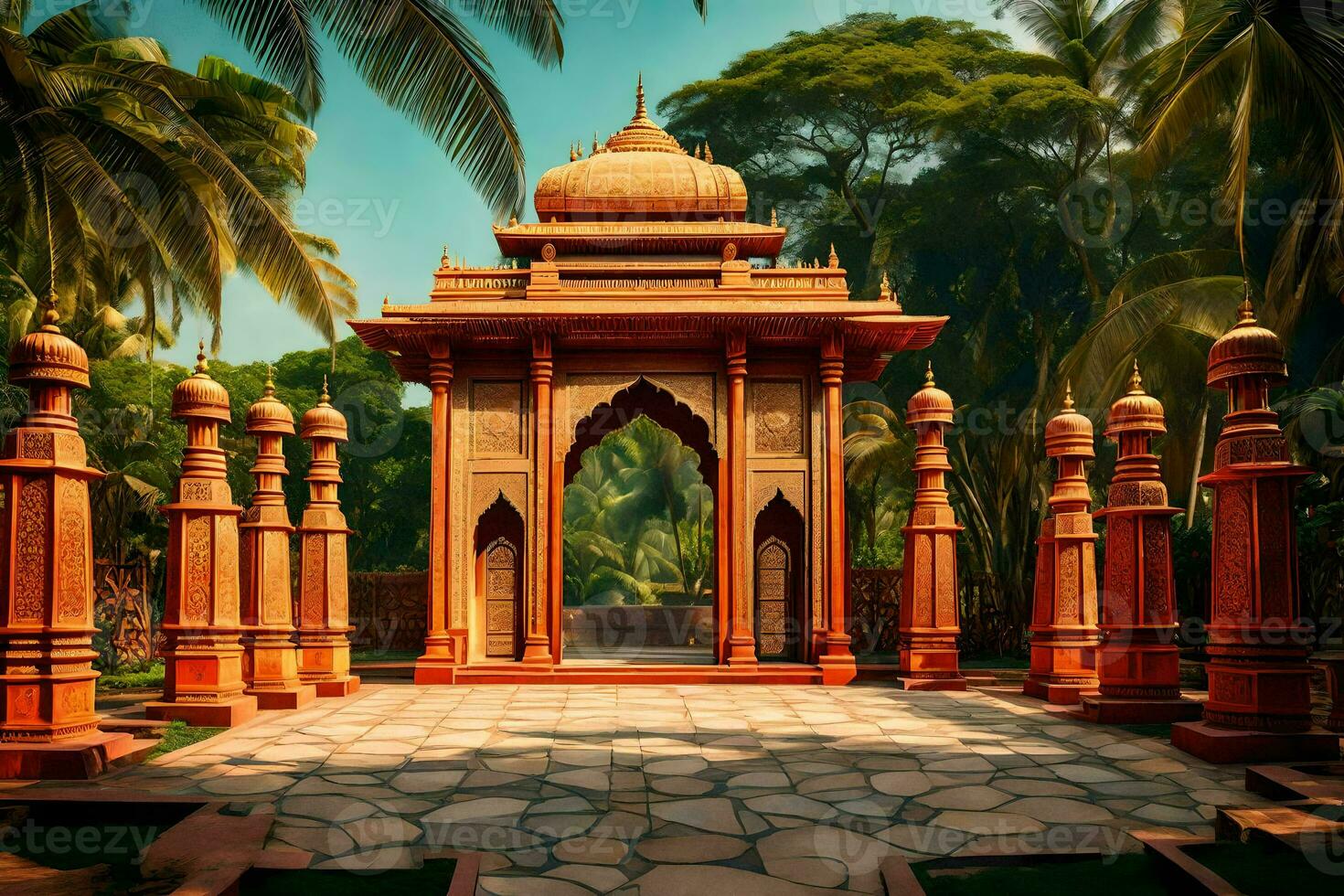 an indian temple with a stone archway and palm trees. AI-Generated photo