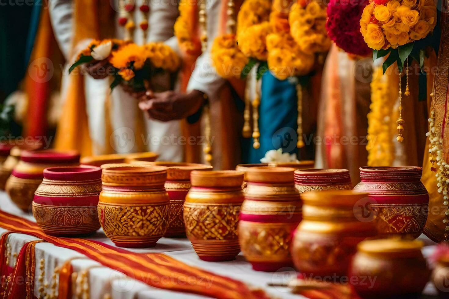 indio Boda ceremonia con vistoso ollas y flores generado por ai foto