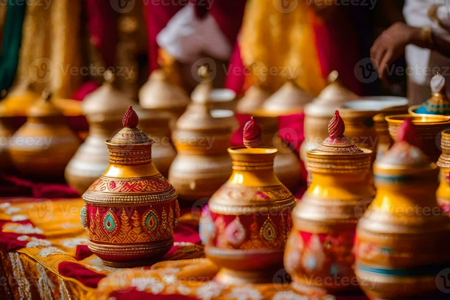 golden vases on display at a wedding. AI-Generated photo