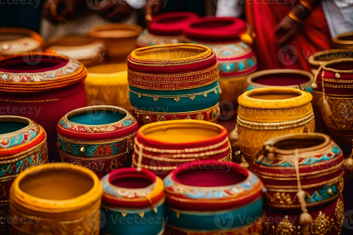 colorful pots are displayed in a market. AI-Generated photo