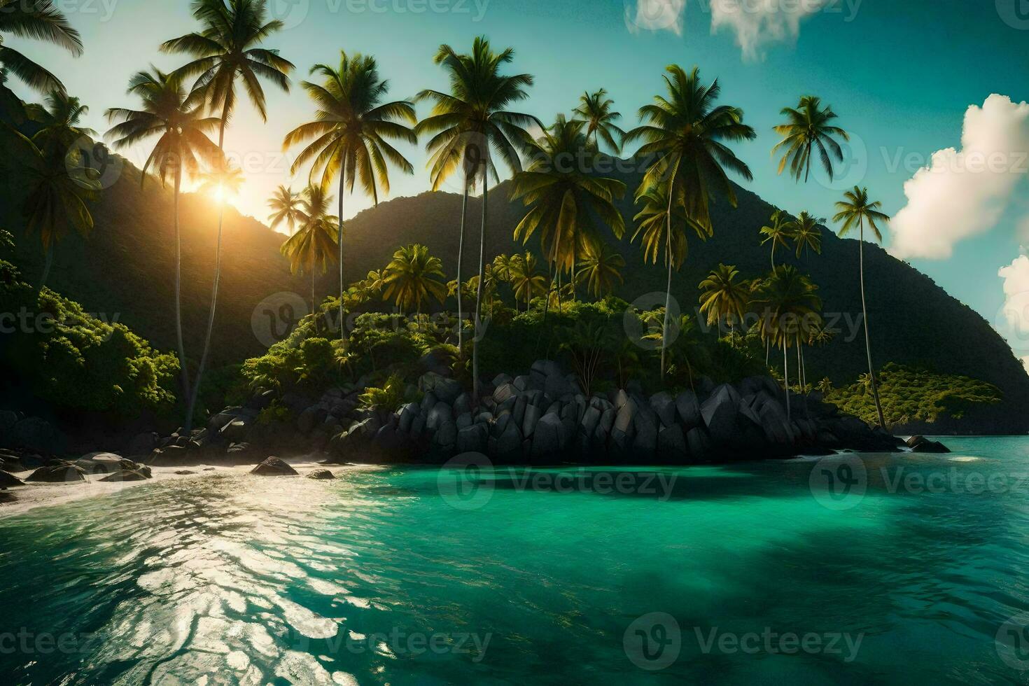 tropical island with palm trees and water. AI-Generated photo