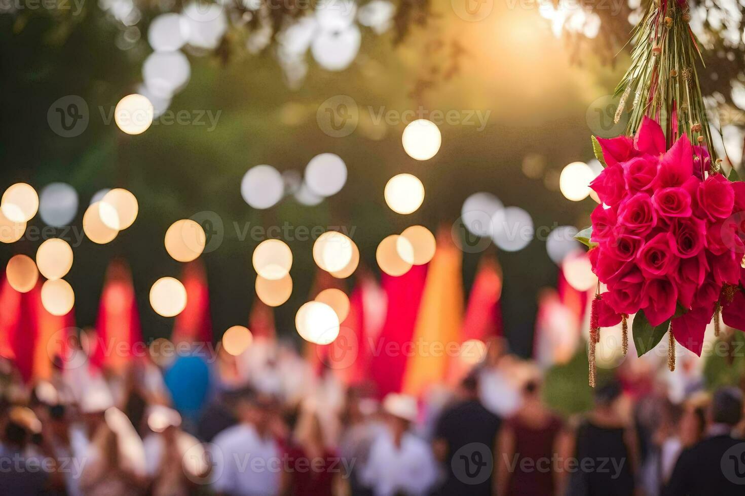 a large group of people are standing in front of a large flower arrangement. AI-Generated photo