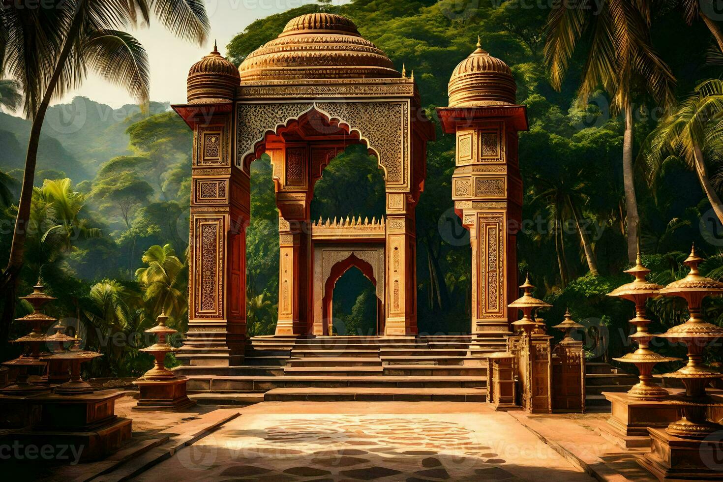 an indian temple in the jungle. AI-Generated photo