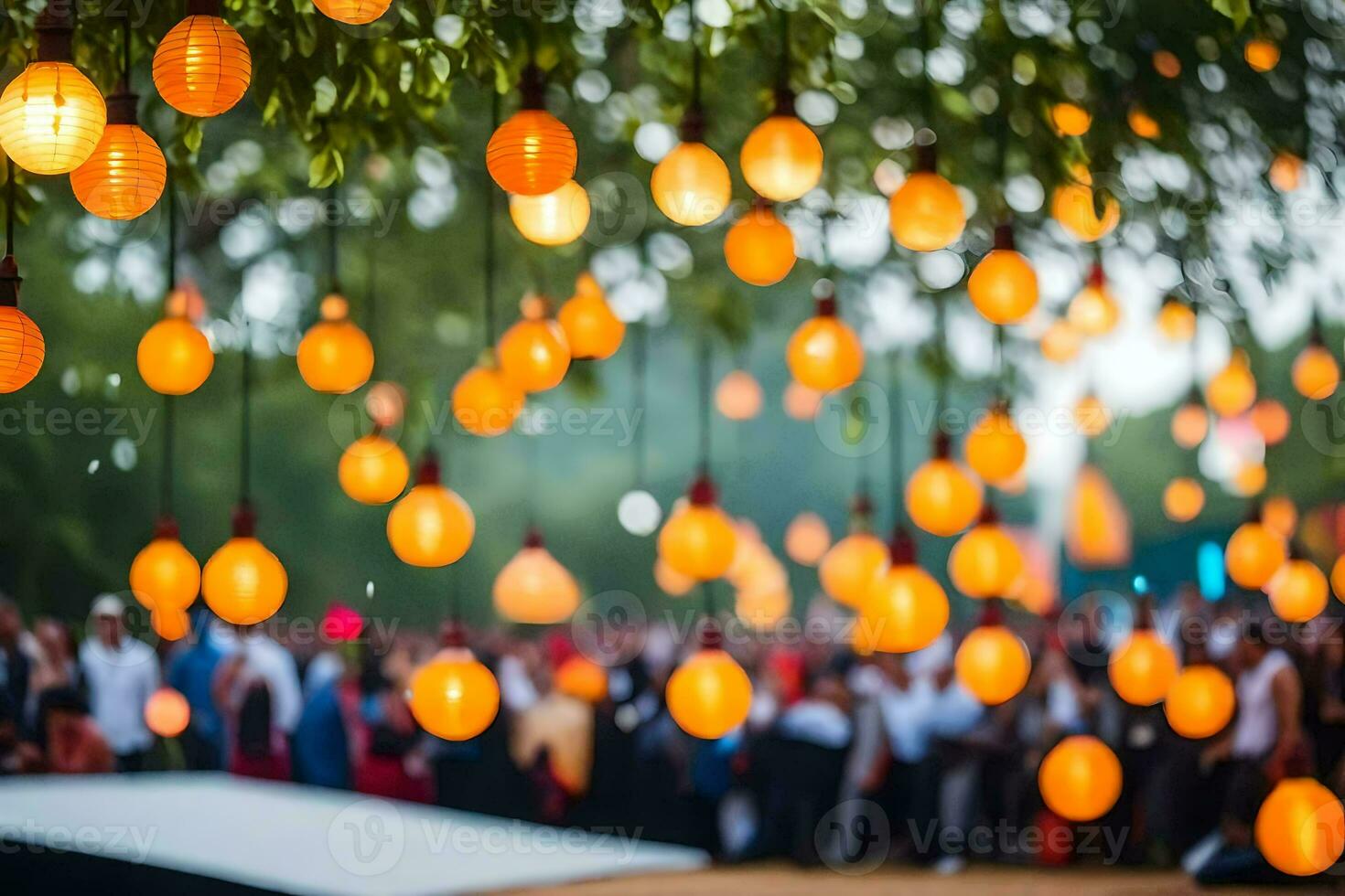 many orange lights hanging from trees in a park. AI-Generated photo