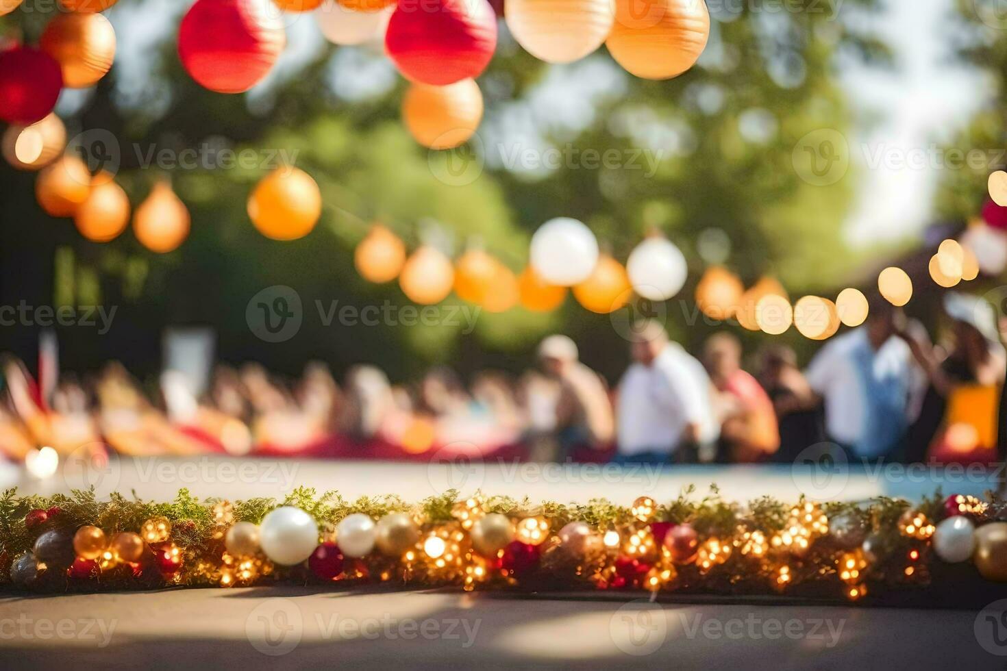 a wedding ceremony with paper lanterns and lights. AI-Generated photo