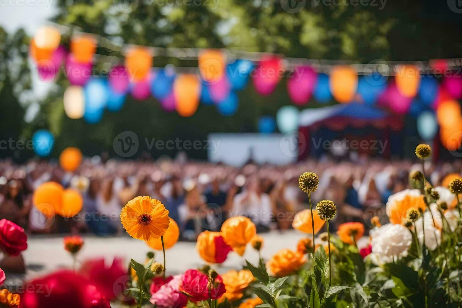 a crowd of people at a festival with colorful flowers. AI-Generated photo