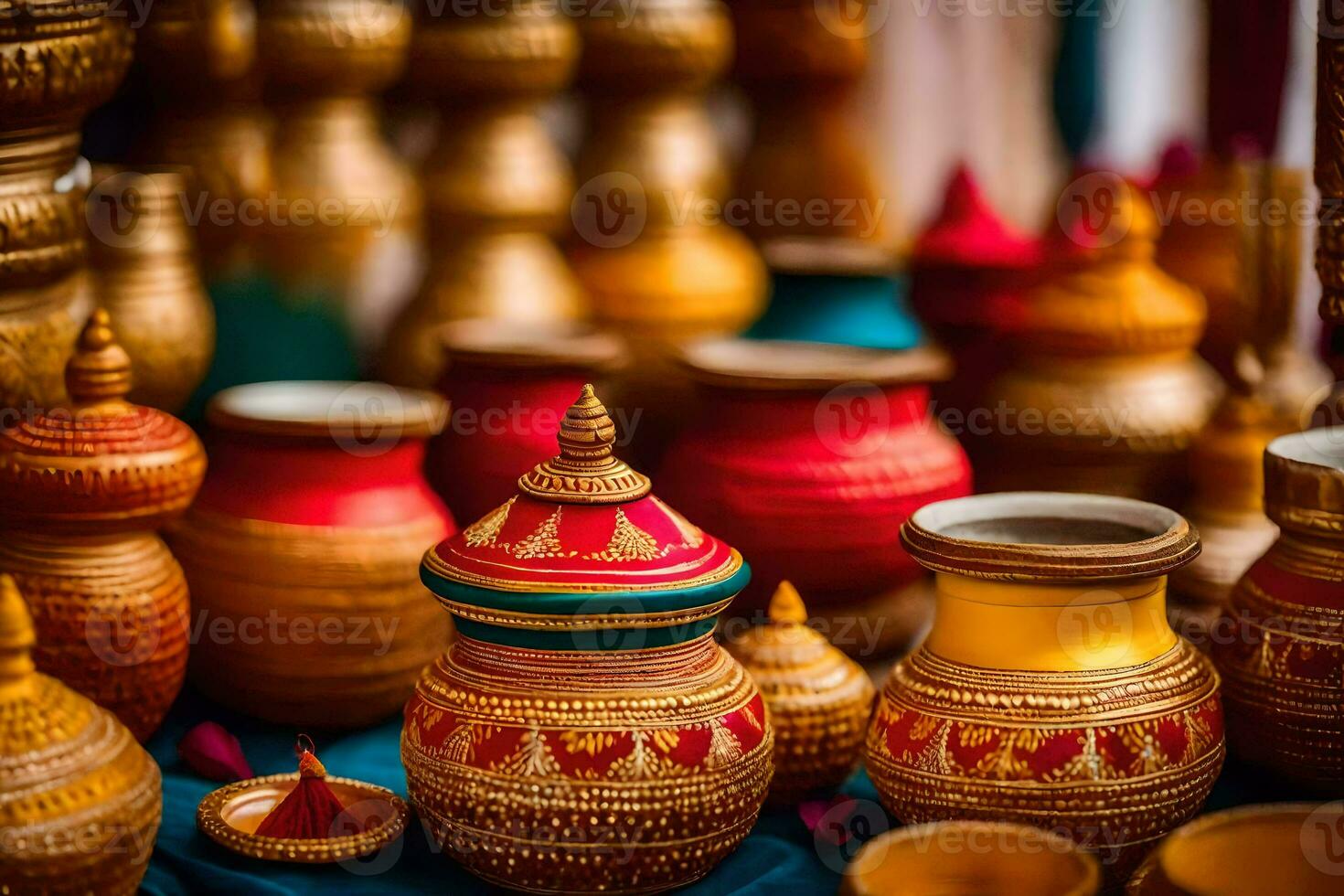 many colorful pots and vases are on display. AI-Generated photo