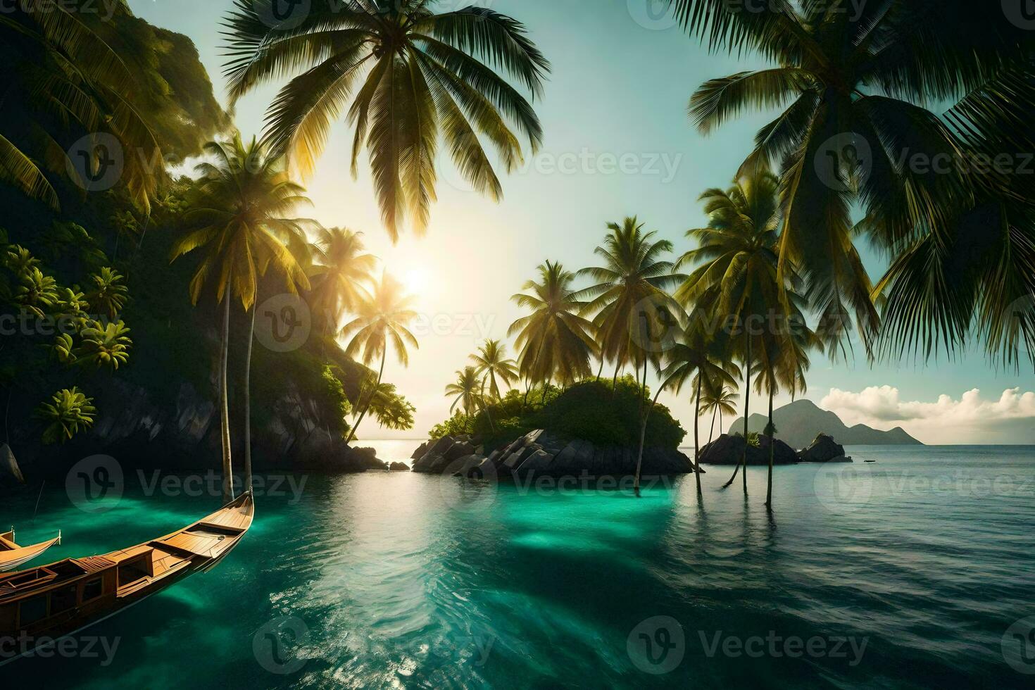 a boat in the ocean with palm trees and rocks. AI-Generated photo