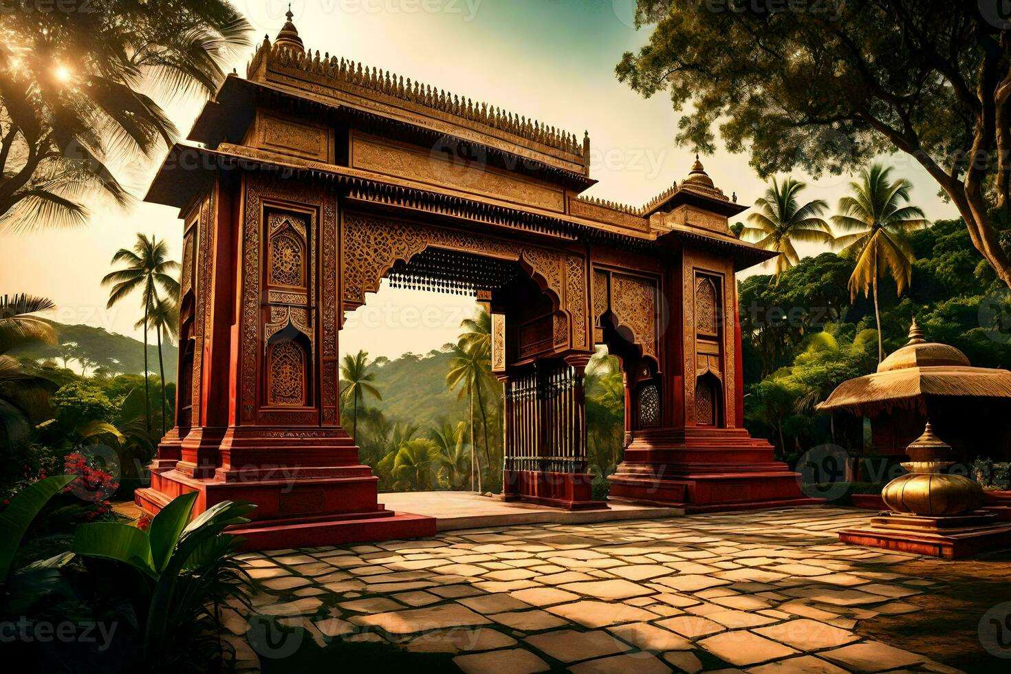 an ancient indian gate in the middle of a lush green park. AI-Generated photo