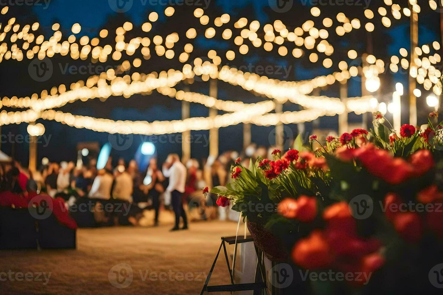 un Boda recepción debajo luces. generado por ai foto