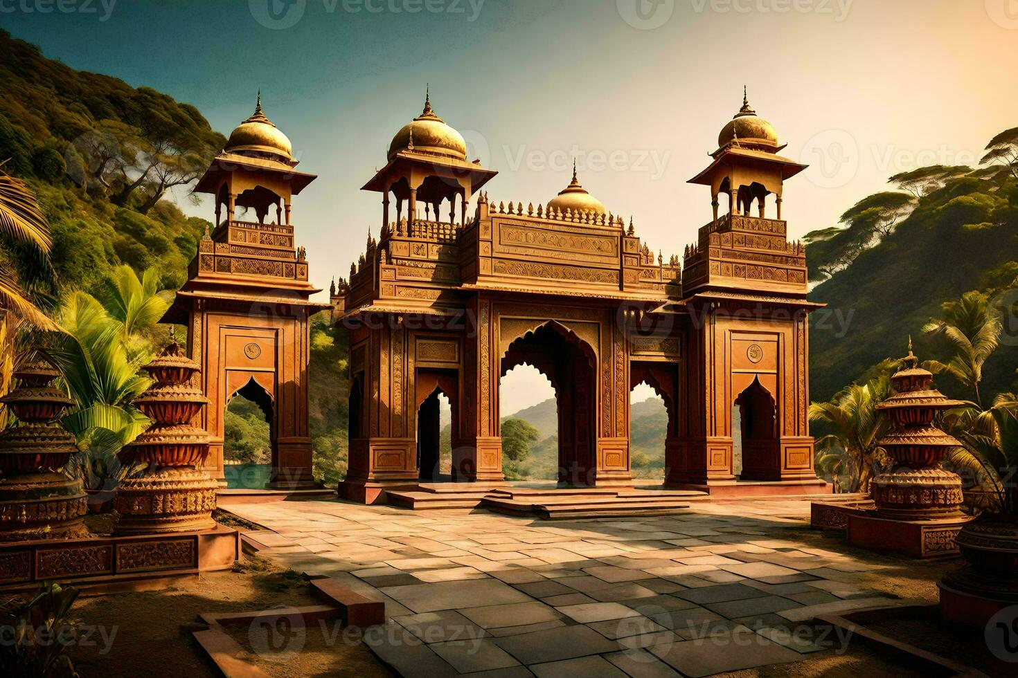 an indian temple in the middle of a forest. AI-Generated photo