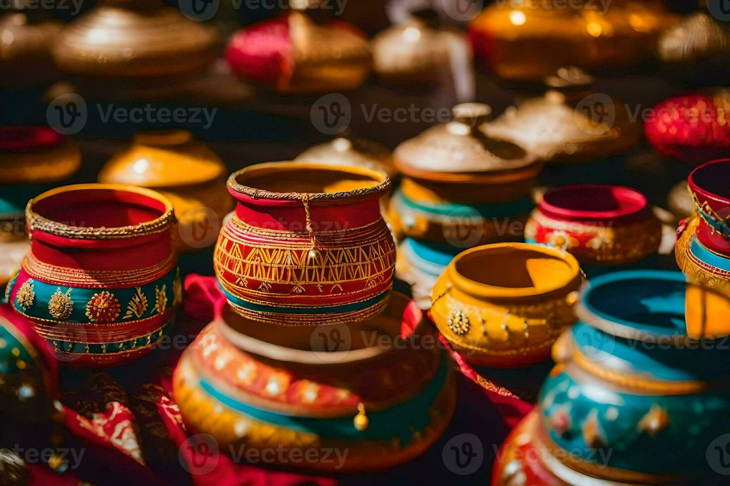 colorful pots and bowls on display at a market. AI-Generated photo