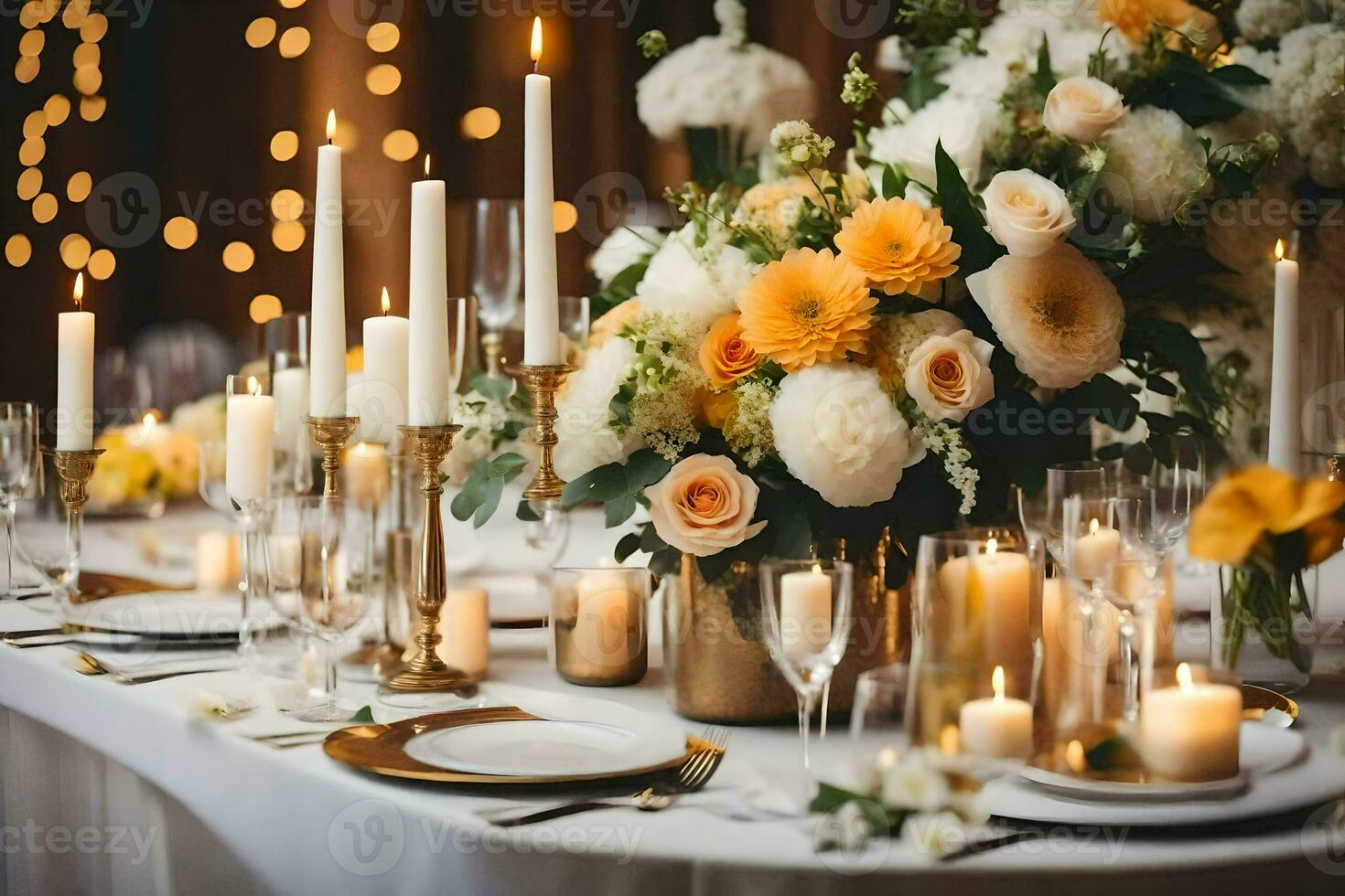 a table with candles and flowers on it. AI-Generated photo