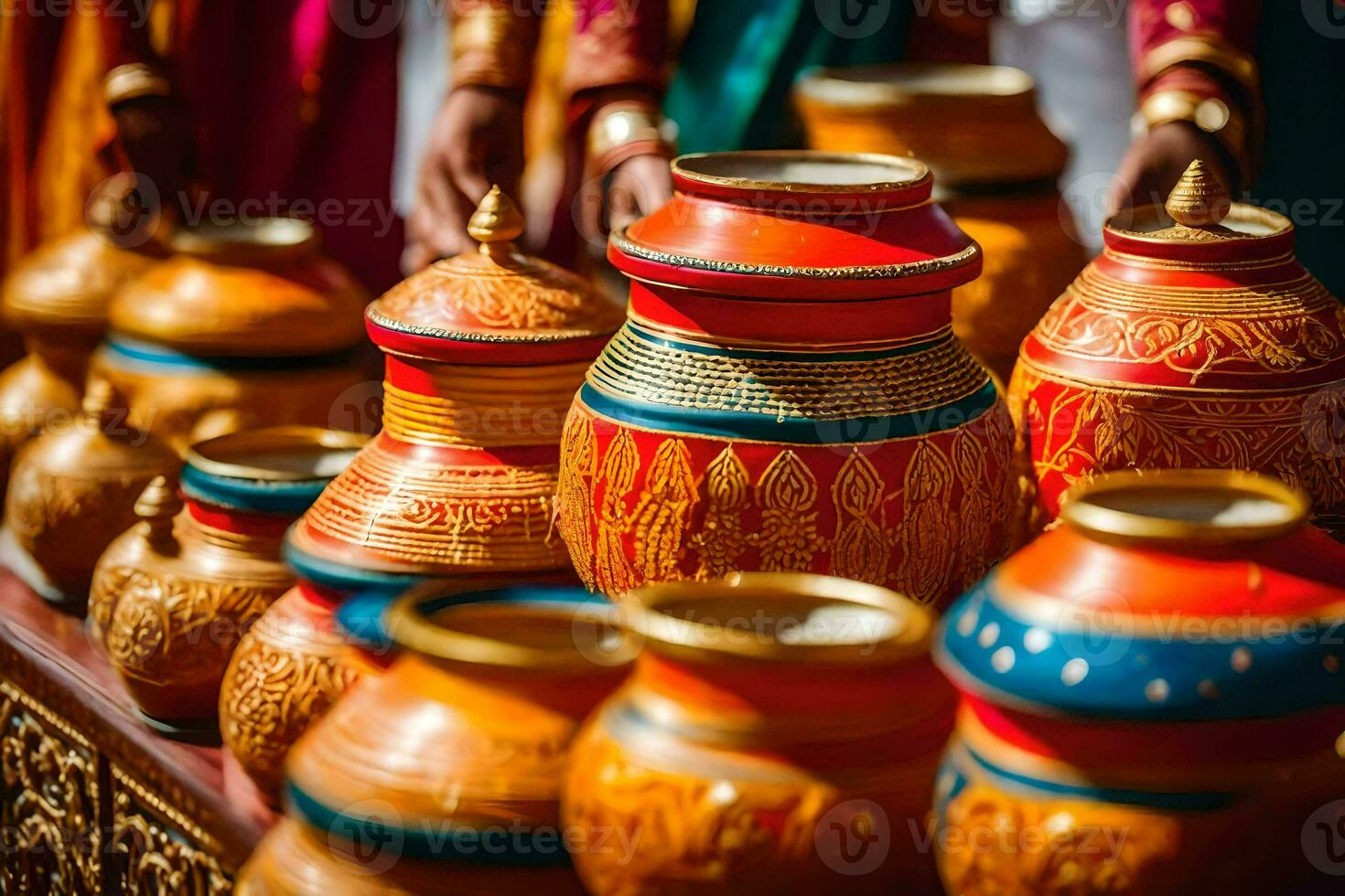 colorful pots and vases are displayed on a table. AI-Generated photo