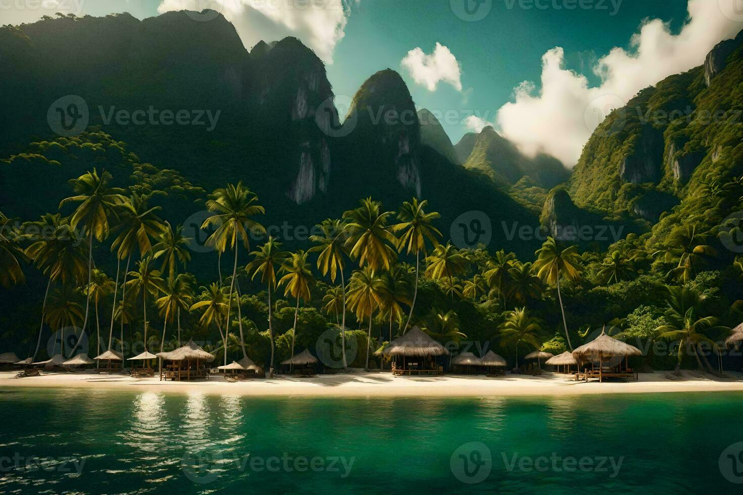 a tropical island with palm trees and huts. AI-Generated photo