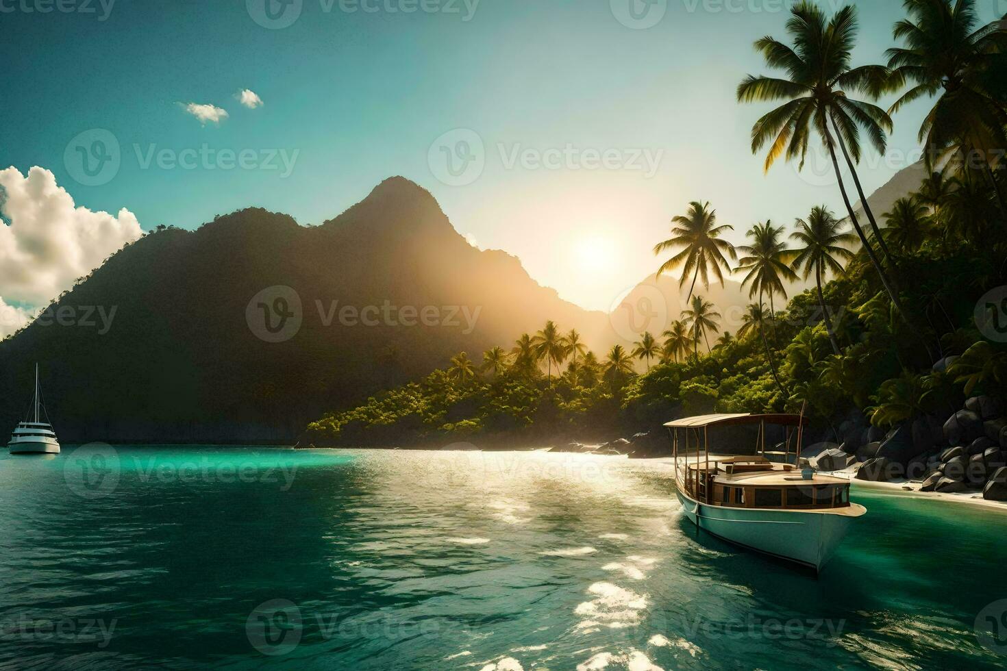 a boat in the ocean near a mountain. AI-Generated photo