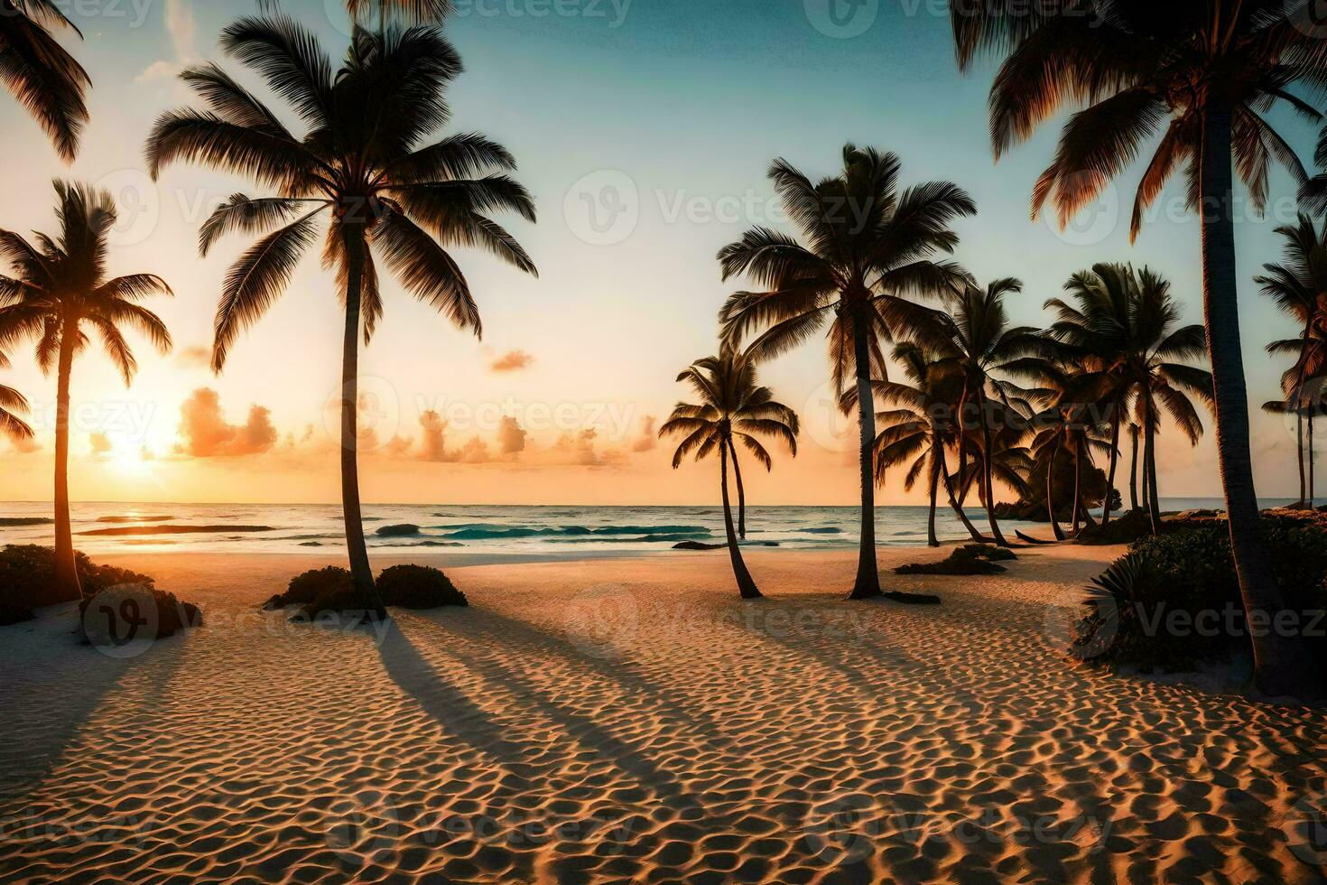 the sun sets on the beach in the caribbean. AI-Generated photo