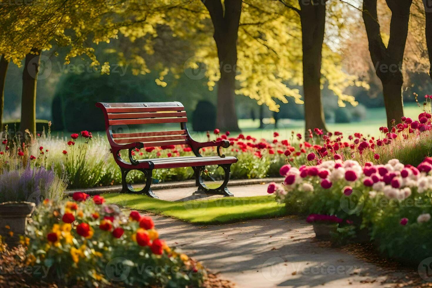 a park bench sits in the middle of a flower garden. AI-Generated photo