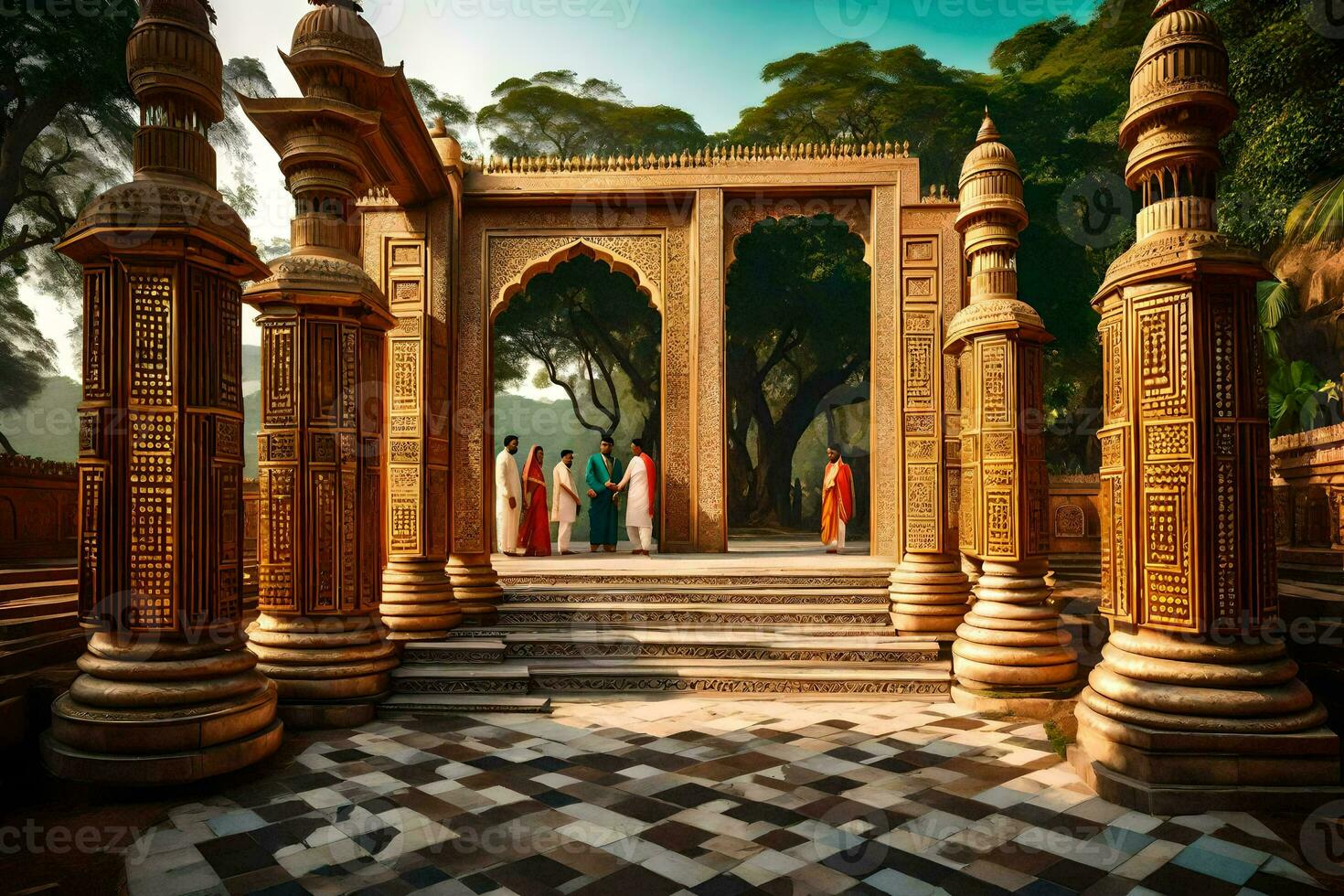 a group of people standing in front of some pillars. AI-Generated photo