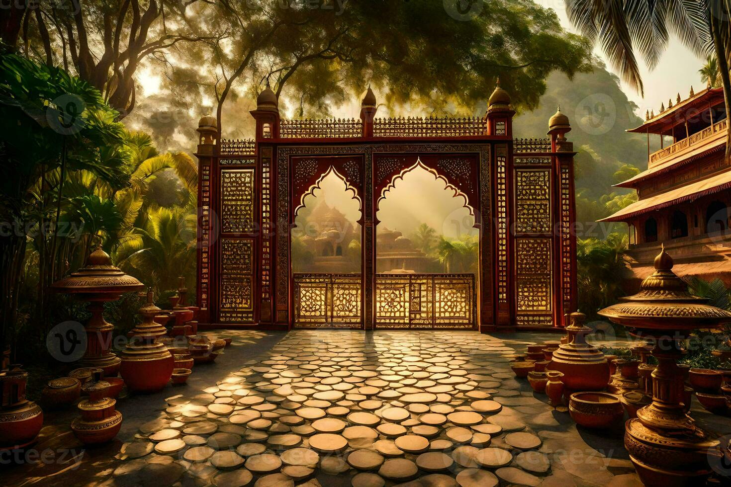 an oriental gate in the middle of a park. AI-Generated photo