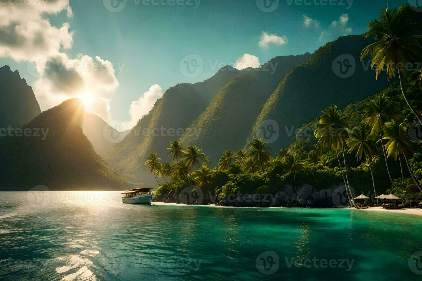 a tropical island with palm trees and a boat. AI-Generated photo