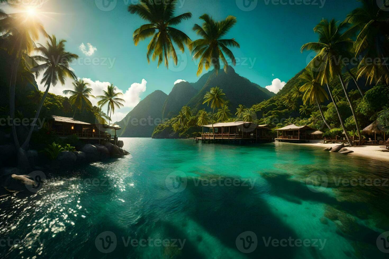 the sun shines over a tropical island and palm trees. AI-Generated photo