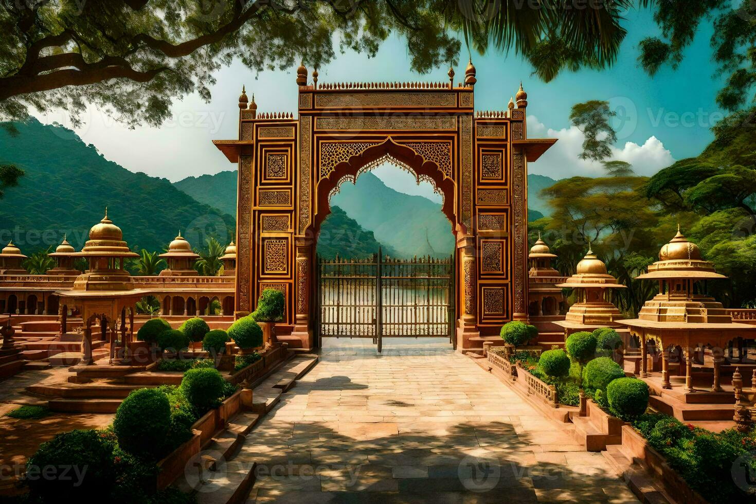 the entrance to a garden with a large gate. AI-Generated photo