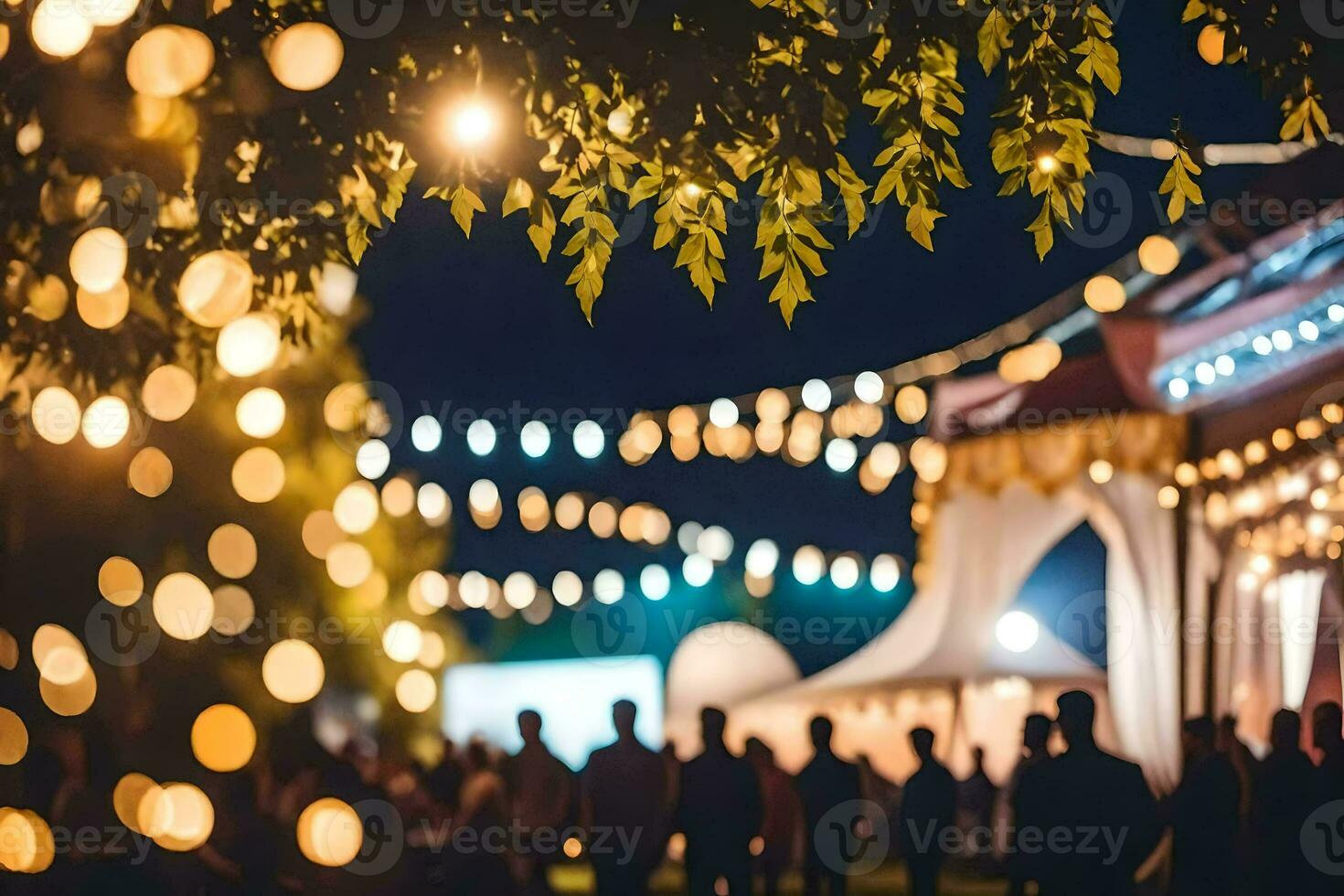 a group of people standing under lights at night. AI-Generated photo