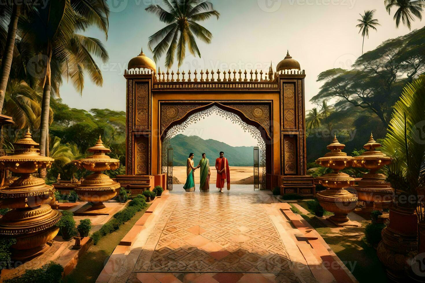 two people in traditional dress standing in front of an archway. AI-Generated photo