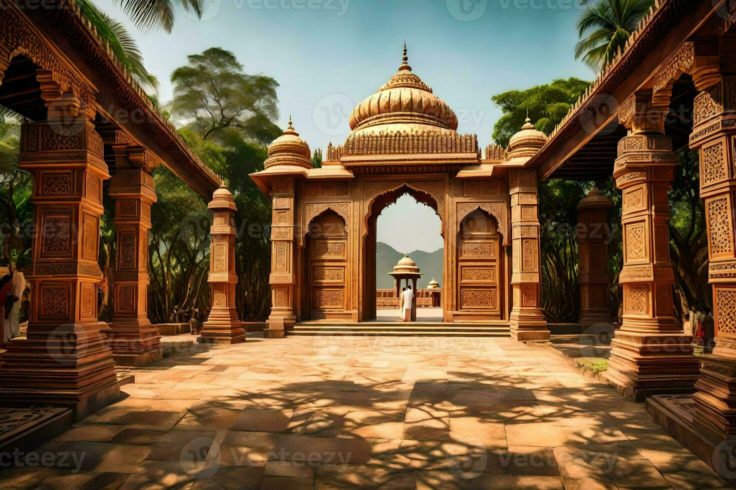 a beautiful temple in india with a walkway and trees. AI-Generated photo