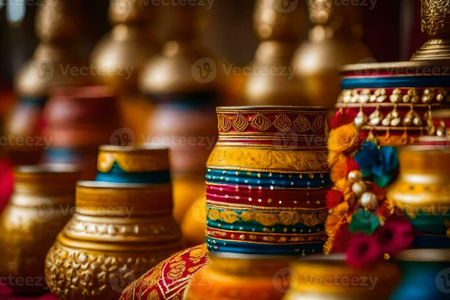 many colorful vases are lined up on a table. AI-Generated photo