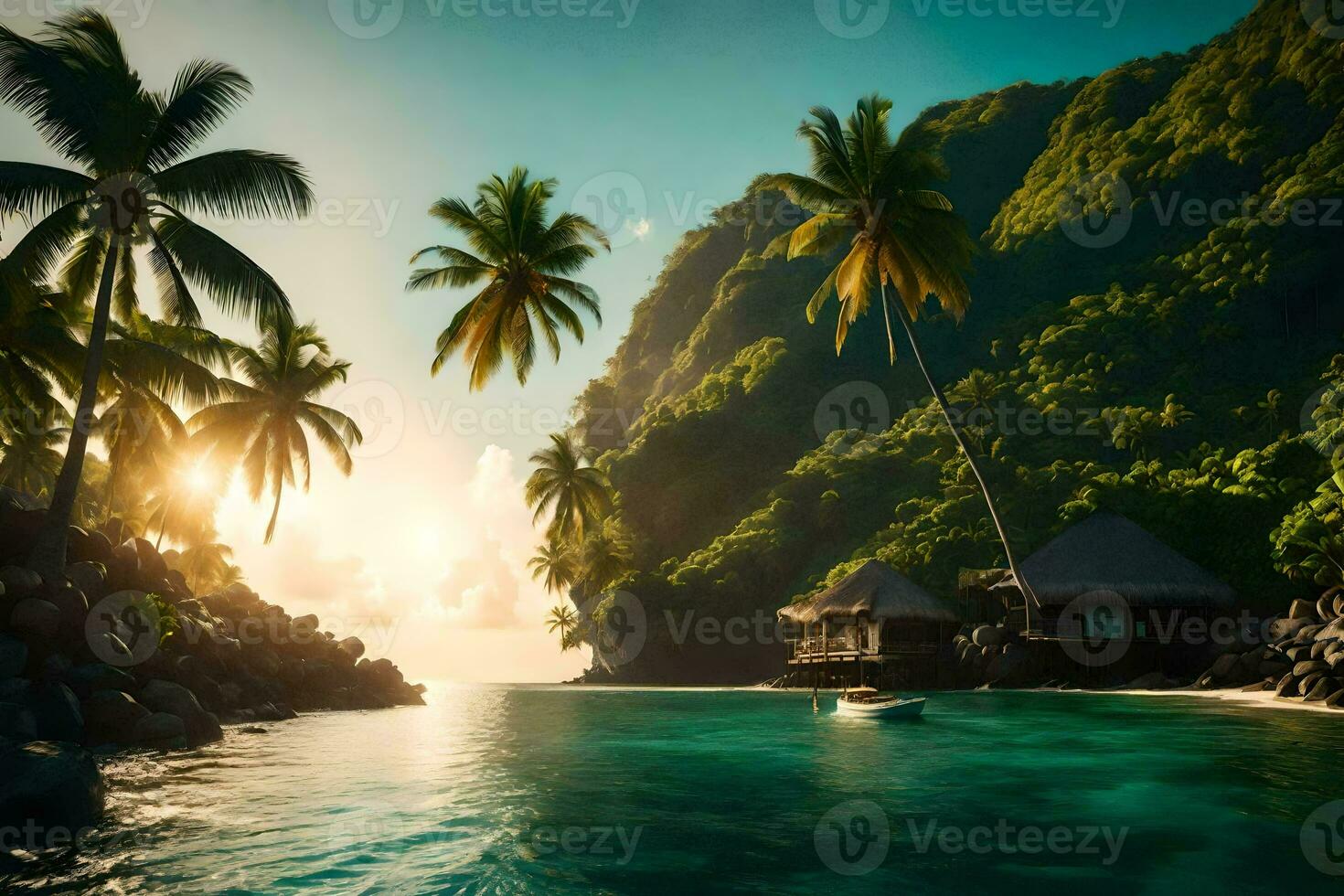 tropical island with palm trees and a hut. AI-Generated photo