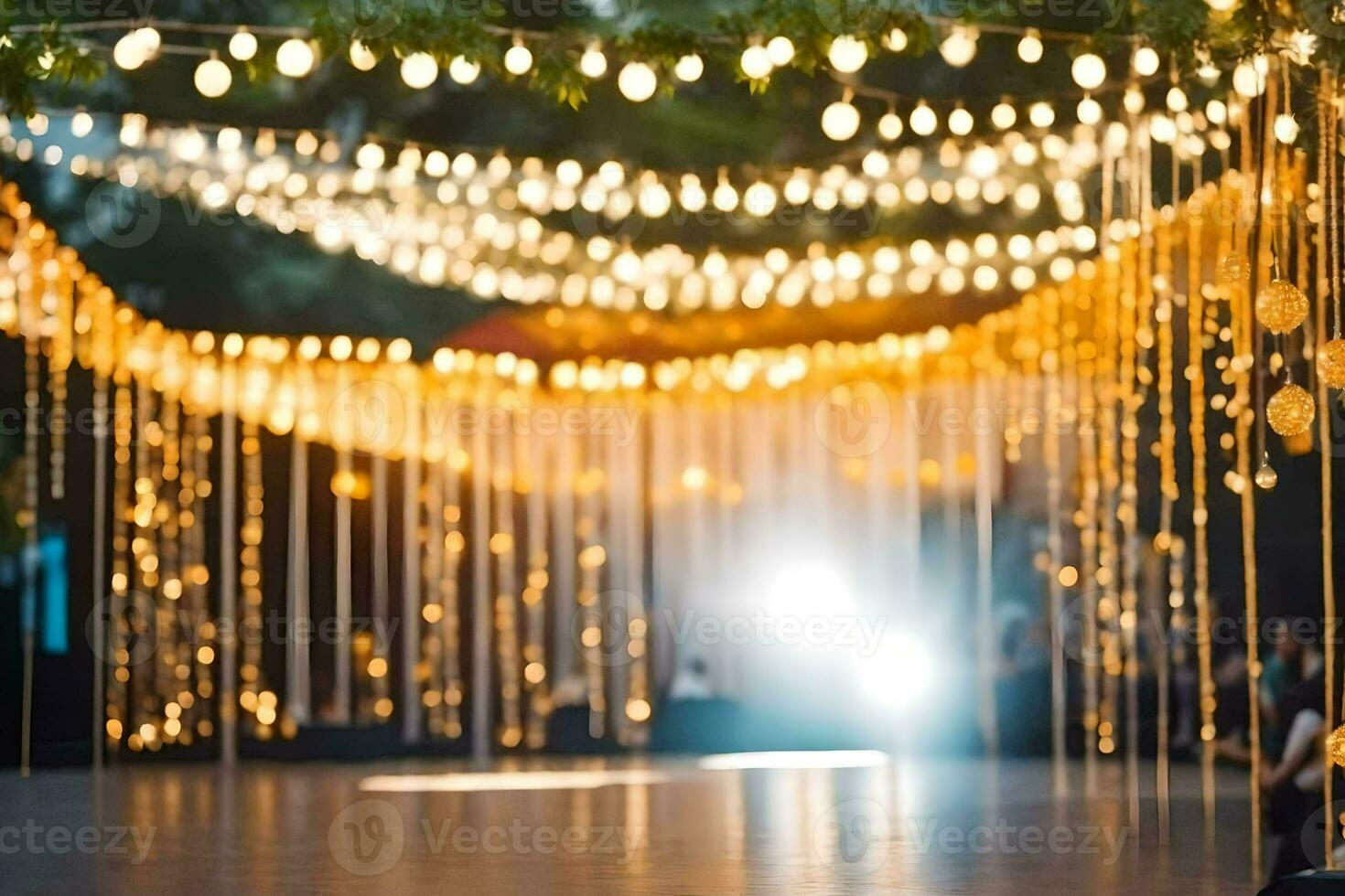 un Boda danza piso con luces y decoraciones generado por ai foto