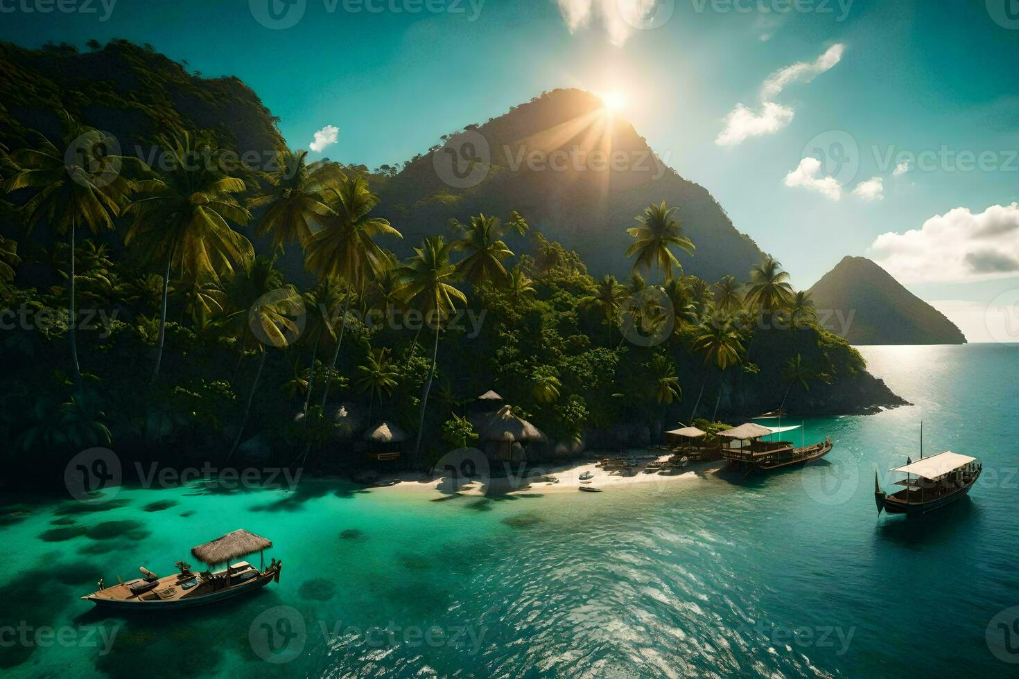 a tropical island with palm trees and boats. AI-Generated photo