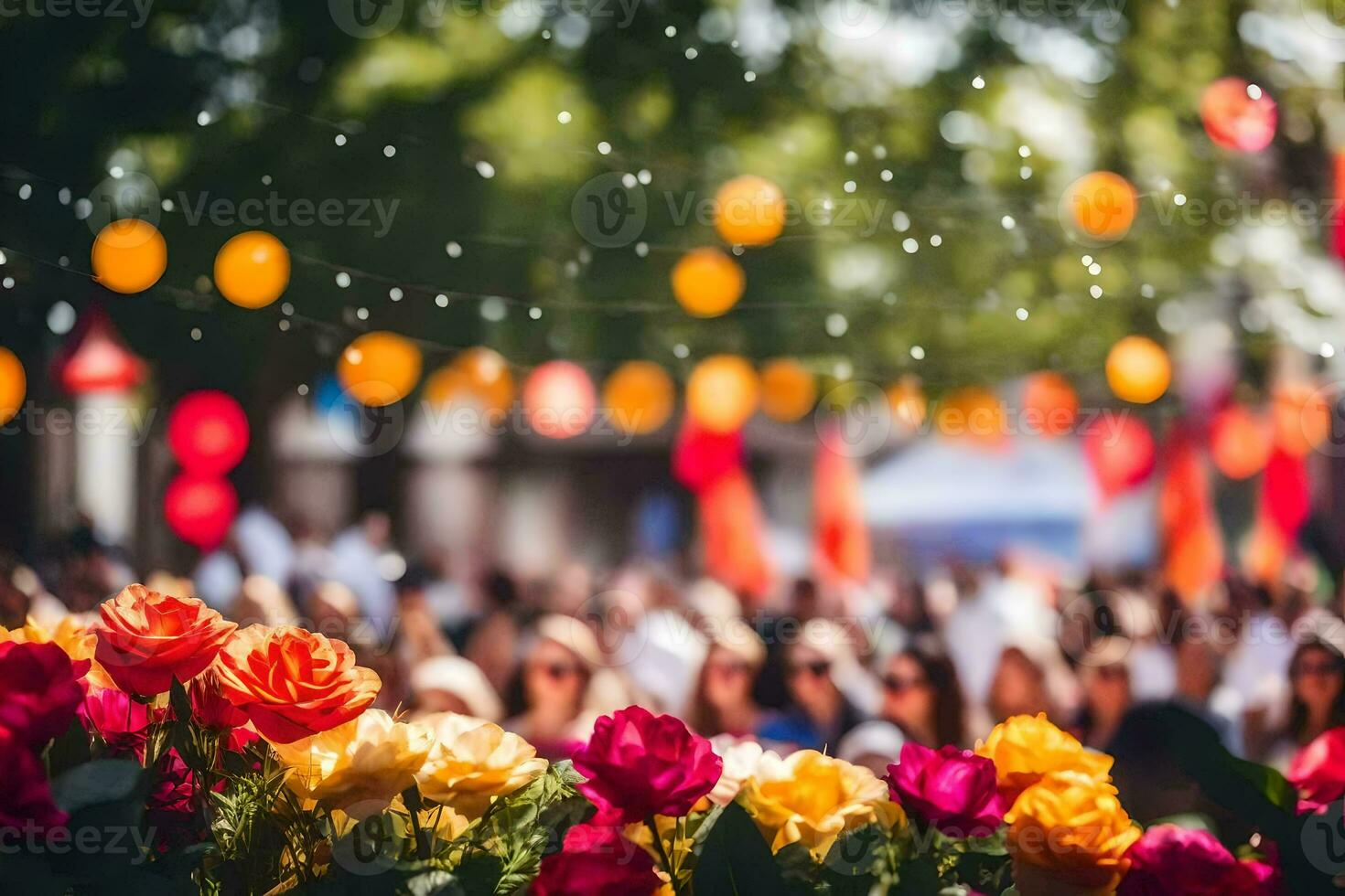 colorful flowers in a park with people in the background. AI-Generated photo