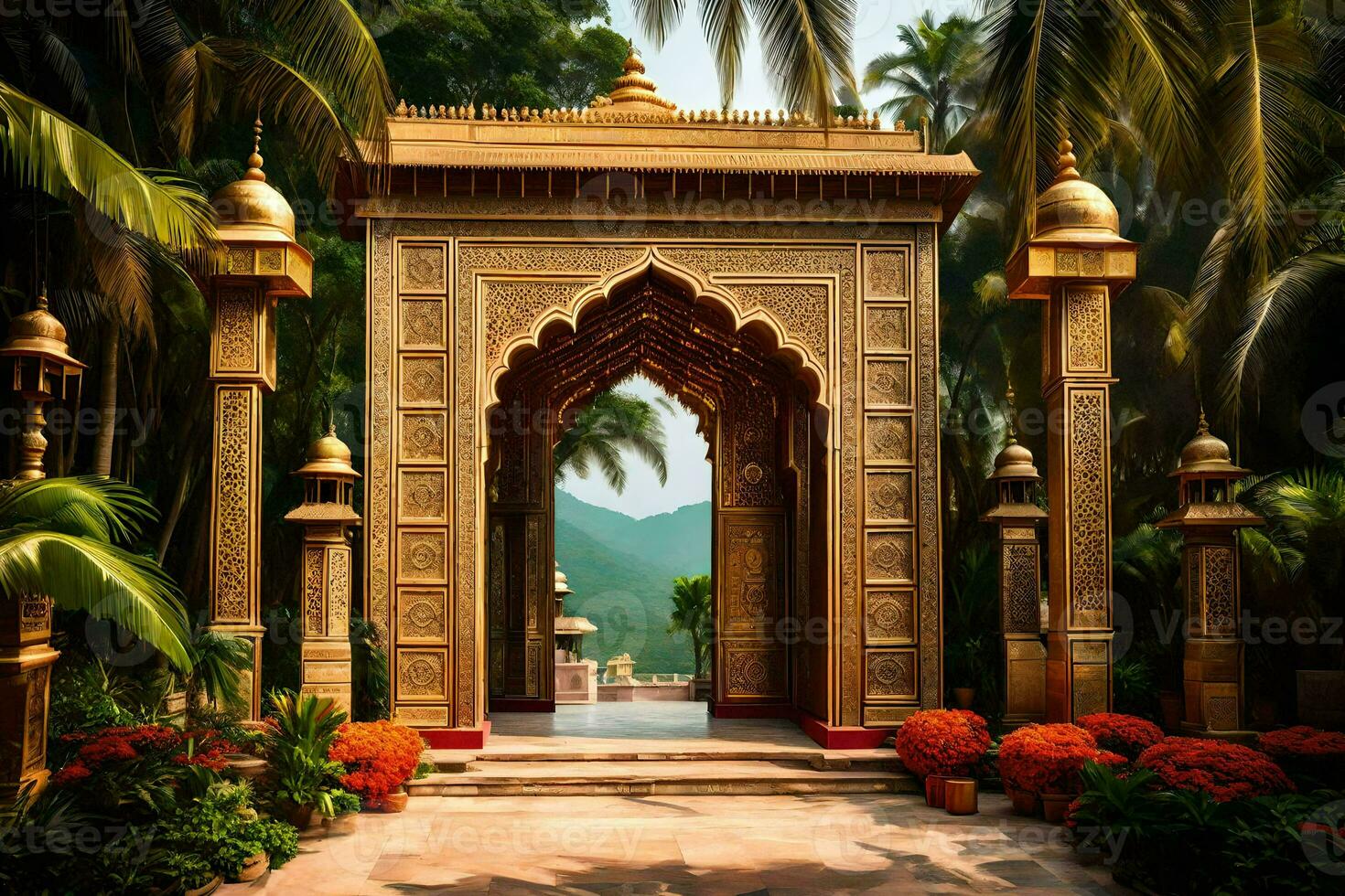 an ornate entrance to a garden with palm trees. AI-Generated photo