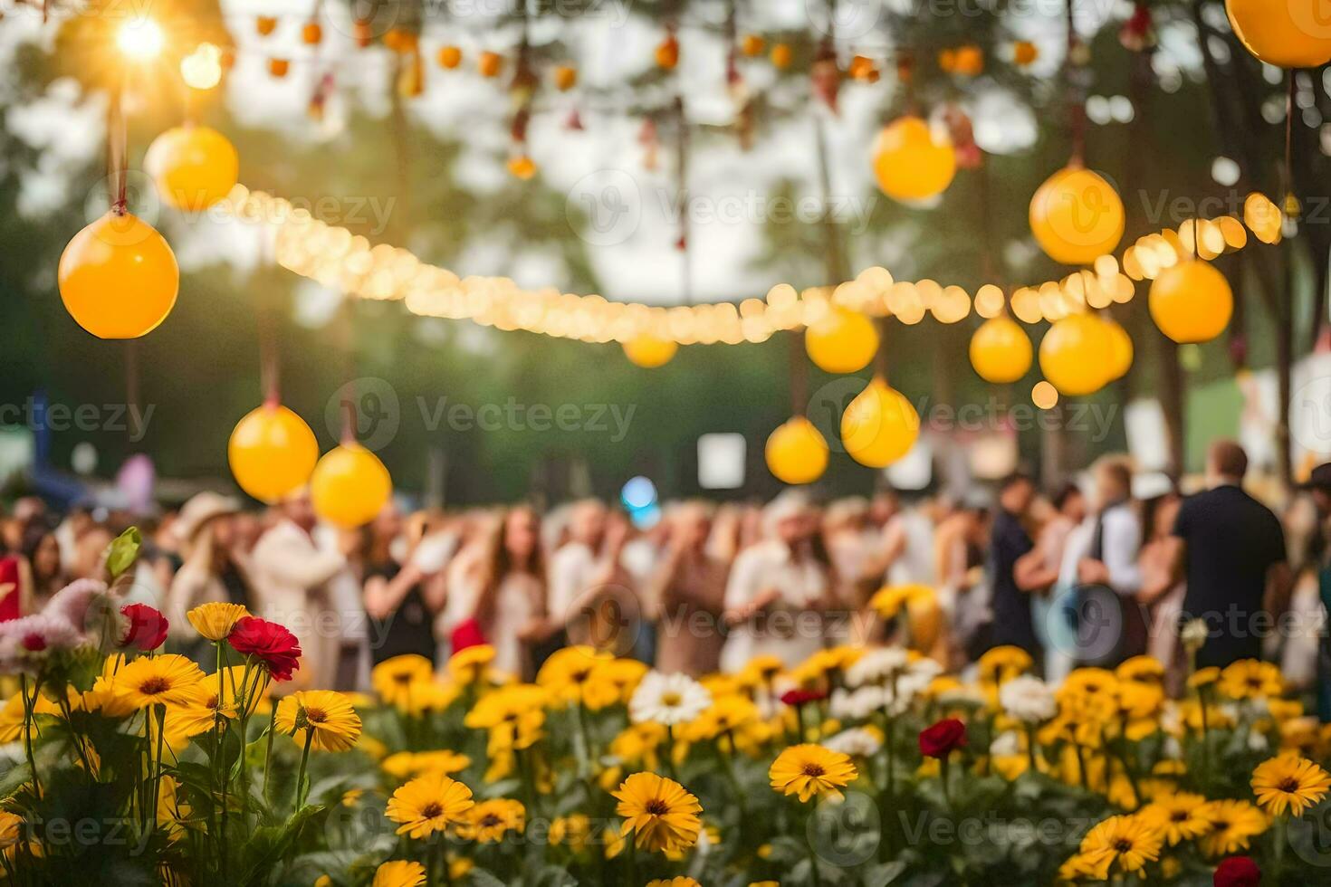 a group of people standing in front of a flower garden with balloons. AI-Generated photo