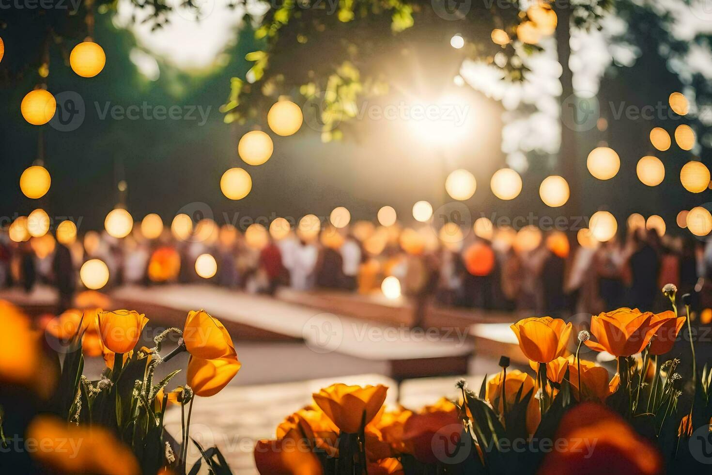 orange tulips in the sun with lights in the background. AI-Generated photo