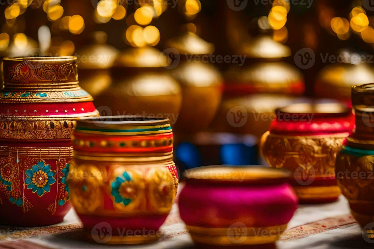 many colorful pots and vases are lined up on a table. AI-Generated photo