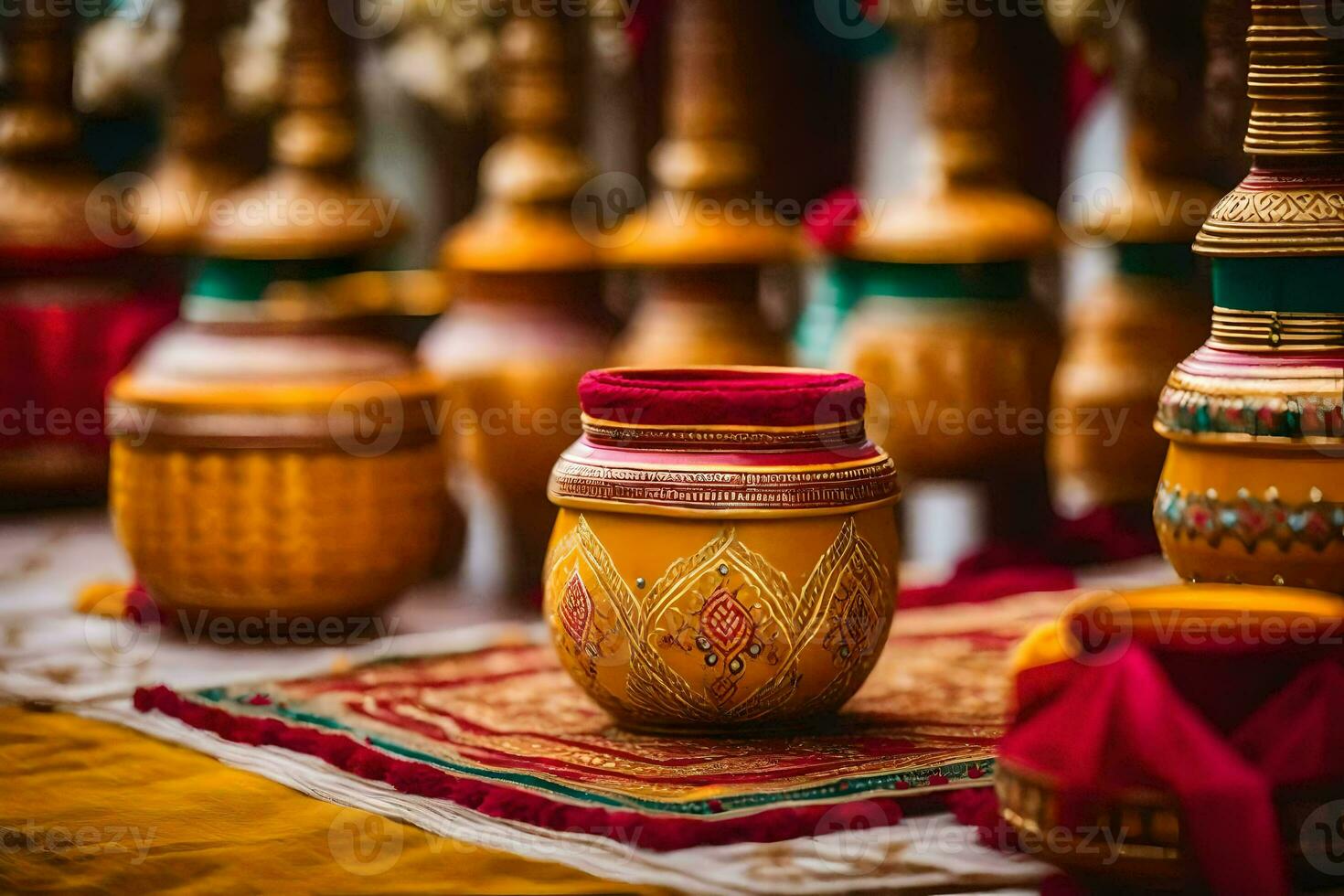 a table with many colorful vases on it. AI-Generated photo